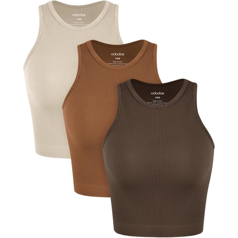 3-Pack Seamless Crop Tank Women Ribbed Soft High Neck Workout Yoga Tops